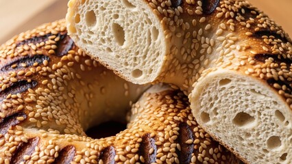 Delicious sesame seed bagel sliced open on wooden surface for National Bagel Day