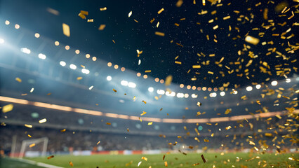 Falling Golden Confetti with Blurred Stadium Lights Background, Festive Victory Celebration Concept