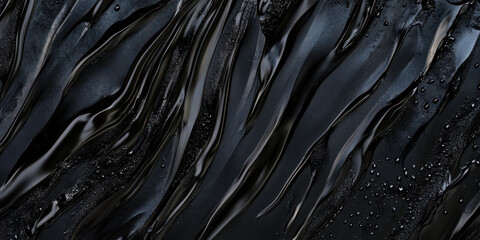 abstract black oil swirl with glossy sheen and scattered droplets on pale surface ideal for dramatic wallpaper or sleek banner background