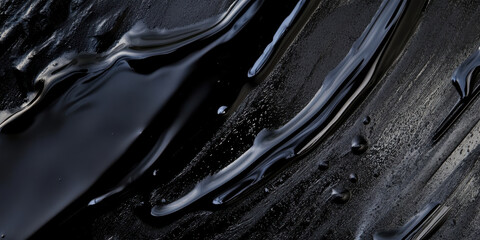 abstract black oil swirl with glossy sheen and scattered droplets on pale surface ideal for dramatic wallpaper or sleek banner background