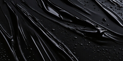 abstract black oil swirl with glossy sheen and scattered droplets on pale surface ideal for dramatic wallpaper or sleek banner background