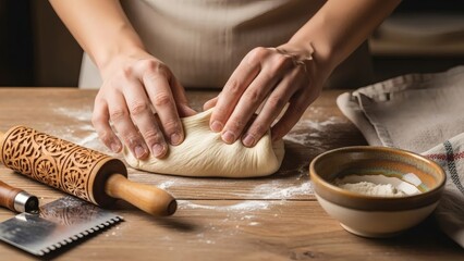 Hands kneading dough on wooden table with baking tools for National Bakers Crafters Makers Day