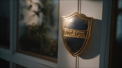 A law enforcement badge silhouette double-exposed with cybersecurity grids and network locks, symbolizing digital crime prevention and cyber law enforcement. cinematic color correction, natural