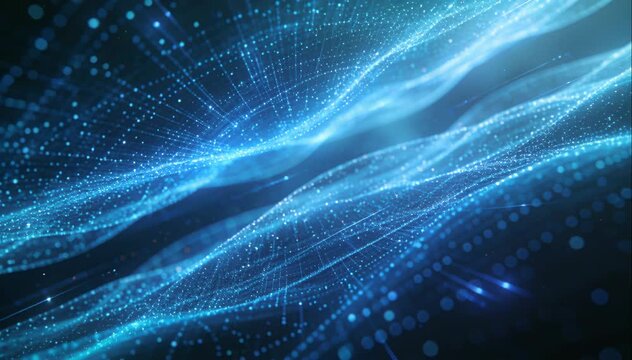 Abstract digital technology background with blue glowing network grid and flowing particle waves representing big data cybersecurity cloud computing and artificial intelligence