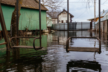 Flooded rural houses. Concept of disaster