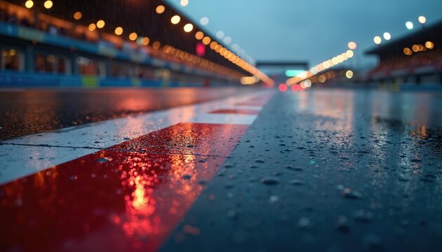 Wet asphalt racetrack glows with blurred colorful lights under rain. Red and white lines mark the track. Night motorsport pit lane with bokeh effect creates moody atmosphere. Dynamic racing ambiance.