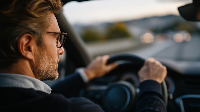 A driver realizing a wrong turn after entering an empty road at dusk, pausing the car to check directions, symbolizing everyday misjudgment and course correction. cinematic color correction,