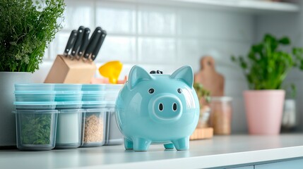 A piggy bank with a stack of coins in the kitchen and food containers