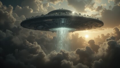 Mysterious UFO hovering above clouds with beam of light