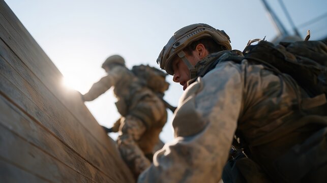 Tactical training obstacle course with operators climbing walls and navigating barriers, demonstrating physical conditioning, endurance, and agility. cinematic color correction, natural uneven