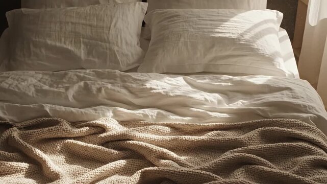 Warm rays of morning sunlight gently illuminate a cozy bed, featuring soft pillows and a rumpled blanket, evoking feelings of comfort and serenity in a calm atmosphere.
