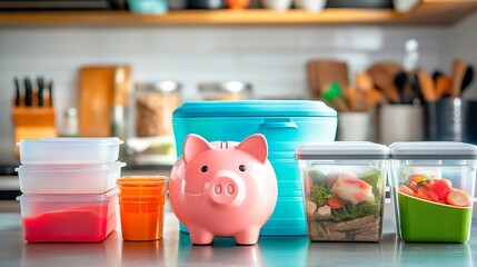 A piggy bank with a stack of coins in the kitchen and food containers