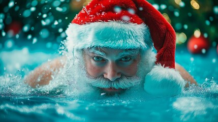 Portrait of a happy smiling Santa Claus in a swimming pool