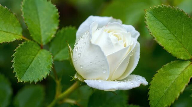 Time lapse,  growing blossom, pristine white rose with water droplets sits amidst lush green leaves, evoking tranquility and beauty, nature, purity, romance, serenity., themes: delicate beauty, floral