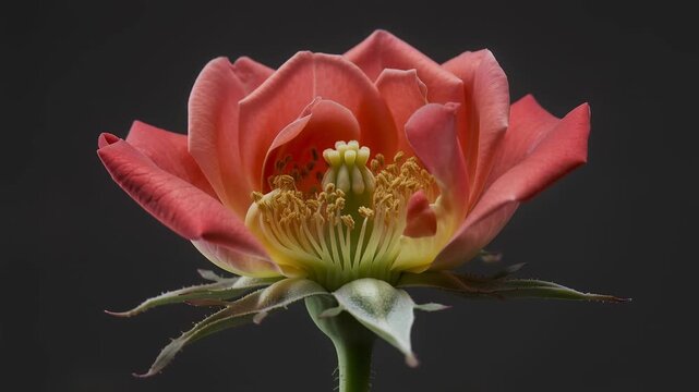 Time lapse,  growing blossom, rich, deep red rose bud in full bloom against dark background, with glossy petals and green leaves, evokes elegance and natural beauty, complemented by serene themes