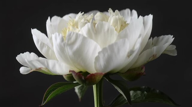 Time lapse,  growing blossom, white peony flower in full bloom dominates dark frame, showcasing its delicate petals and downward-reaching leaves, evoking tranquility and elegance, floral inspiration,