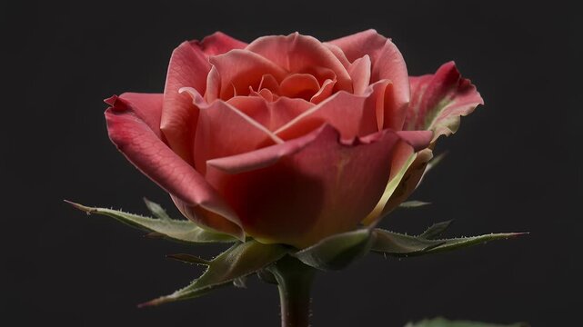 Time lapse,  growing blossom,single, vibrant red rose bud in full bloom against dark backdrop, displaying rich petals and healthy green stem, evoking tranquility and elegance, nature, romance, beauty,