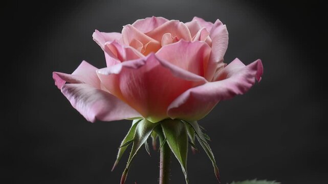 Time lapse,  growing blossom,single, deep pink rose bud in full bloom against dark background, with healthy green stem and leaves, evoking tranquility and elegance, floral beauty, romance, serenity, d