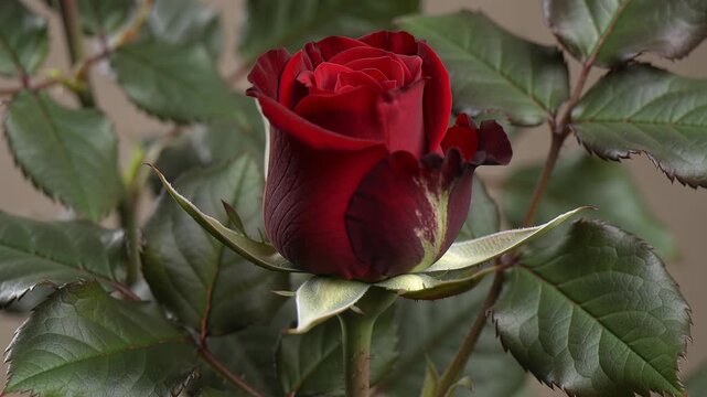 Time lapse,  growing blossom, single red rose bud opens amidst vibrant green leaves, showcasing rich red and dark green contrast, natural beauty, tranquility, romance, . Themes delicate beauty, organi