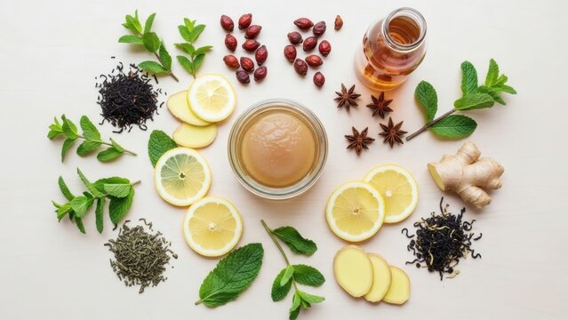 Natural ingredients for healthy herbal tea and honey production for National Booch Day - Powered by Adobe