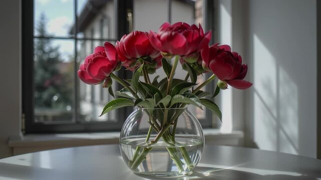 Time lapse,  growing blossom,transparent glass vase holds vibrant red peonies on white surface, reflecting daylight through window, evoking calmness, love, and nature, cozy lifestyle, romantic beauty,