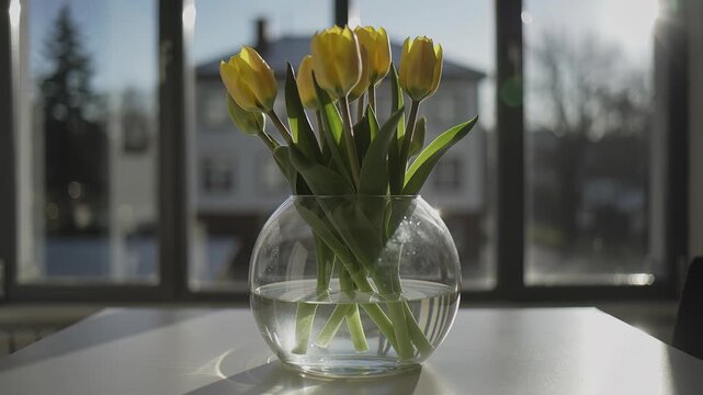 Time lapse,  growing blossom, clear glass vase filled with yellow tulips sits on reflective surface, bathed in sunlight, creating serene and romantic mood, springtime, nature, tranquility, celebration
