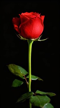 Time lapse,  growing blossom, single vibrant red rose dominates frame against stark black background, its glossy petals and curved stem creating romantic, elegant composition, themes: love, beauty, pa