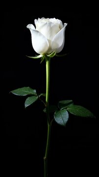 Time lapse,  growing blossom,single white rose in full bloom sits centrally against black background, conveying tranquility and purity, themes: delicate beauty, serene elegance, minimalist art, romanc