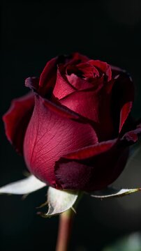 Time lapse,  growing blossom,single vibrant red rose in full bloom dominates frame against dark background, evoking elegance and romance, love, beauty, nature, and passion, joy, serenity, delicate, ex