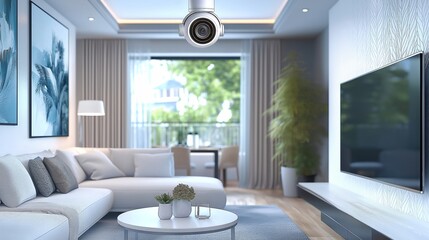 Living room with modern TV, white wall and sofa, concept of home security camera system