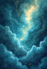 Fototapeta premium Abstract watercolor nebula with teal, golden hues depicts vast deep space. Swirling cosmic clouds, distant stars create magical, dreamy atmosphere for science or fantasy themes. Infinite universe art.