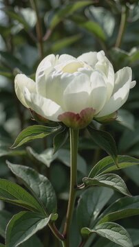 Time lapse,  growing blossom, single white peony flower in full bloom dominates scene against lush green leaves, evoking tranquility and beauty, floral study, serenity, nature, springtime festivity, d