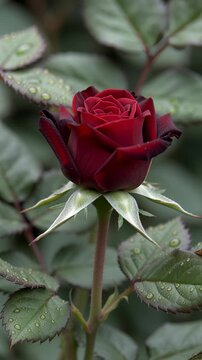 Time lapse,  growing blossom, vibrant red rosebud in full bloom stands amidst green leaves with water droplets, showcasing its glossy petals and delicate, tranquil beauty, romantic themes, springtime,