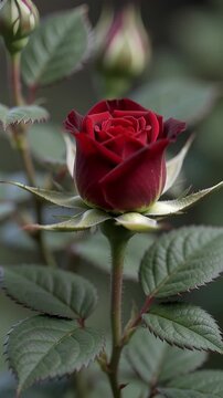 Time lapse,  growing blossom,single red rosebud with green leaves is in focus, blooming beautifully in garden setting, evoking tranquility and beauty, growth, and natural beauty, springtime festivity