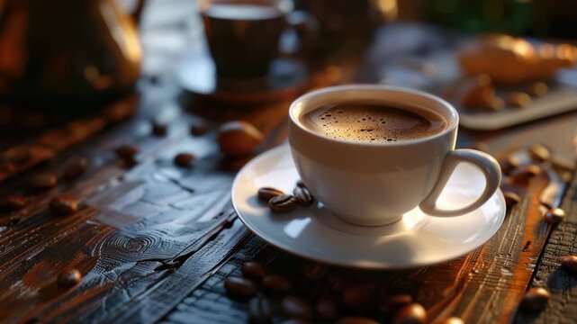 Video A cup of coffee sits on a saucer on a wooden table