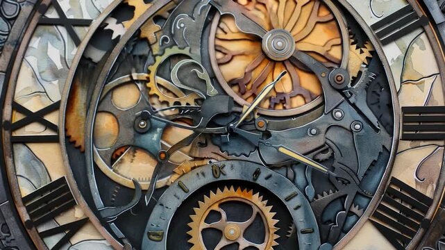 Video Close-up shot of a clock's internal mechanisms featuring interlocking gears and mechanical components