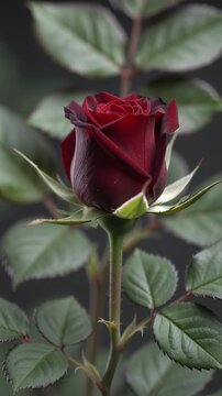 Time lapse,  growing blossom, single, vibrant red rosebud in full bloom dominates scene against dark green leaves, evoking tranquility and natural beauty, romance, and serenity, themes: nature, beauty