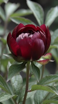 Time lapse,  growing blossom, single dark purple peony flower in full bloom dominates frame, showcasing vibrant green veins against blurred green background, evoking tranquility and natural beauty, se