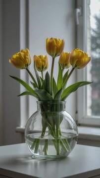 Time lapse,  growing blossom, clear glass vase overflows with fresh yellow and green tulips on white surface, creating serene still life, calm, elegance, nature, flowers, tranquility, springtime festi