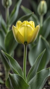 Time lapse,  growing blossom, vibrant yellow tulip bud in sharp focus against blurred green foliage, emphasizing its delicate structure and color, tranquility, growth, nature, springtime., floral beau