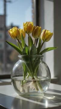 Time lapse,  growing blossom, clear glass vase holds yellow tulips in full bloom with green stems and white roots, set against blurred urban background, evoking calm serenity., nature, beauty, eleganc