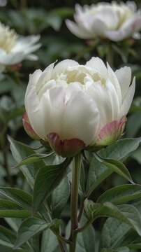 Time lapse,  growing blossom, single white peony flower with pinkish-red edges stands in full bloom on green stem, outdoors against blurred green background, evoking tranquility and natural elegance,