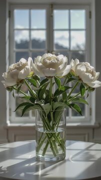 Time lapse,  growing blossom, clear glass vase overflows with white peonies on table, bathed in natural light, against white wall with garden view, creating peaceful, elegant scene, floral beauty, ser