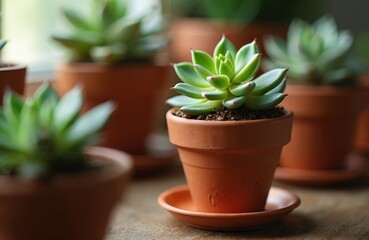 Obraz premium Group of potted succulents with green rosettes growing indoors near window light. Tiny plants in terracotta pots on wooden surface with soft natural illumination and shadows.