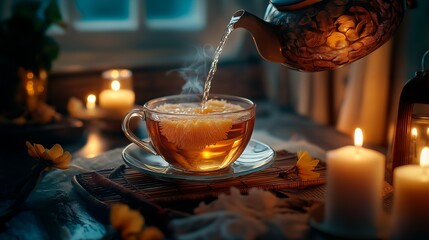coffee cup with tea and teapot on table