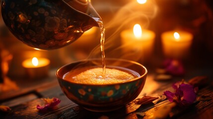 coffee cup with tea and teapot on table
