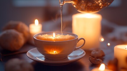 coffee cup with tea and teapot on table