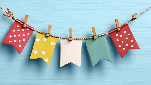 Colorful hanging flags swaying gently on a blue wooden background
