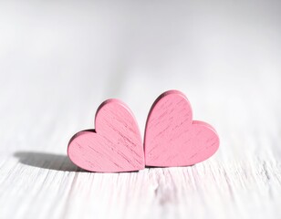 Obraz premium Valentines day background with two red hearts on wooden background 
