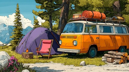 Orange Camper Van and Purple Tent in a Forest Campsite with Mountains Keywords: camping, vintage van, camper van, tent,... photo